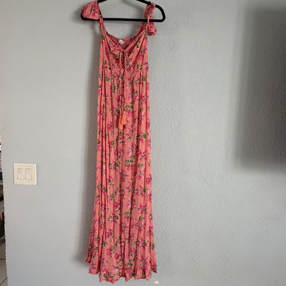 Tiare Hawaii Pink Hibiscus Floral Smocked Maxi Dress Ruffle Shoulder O/S